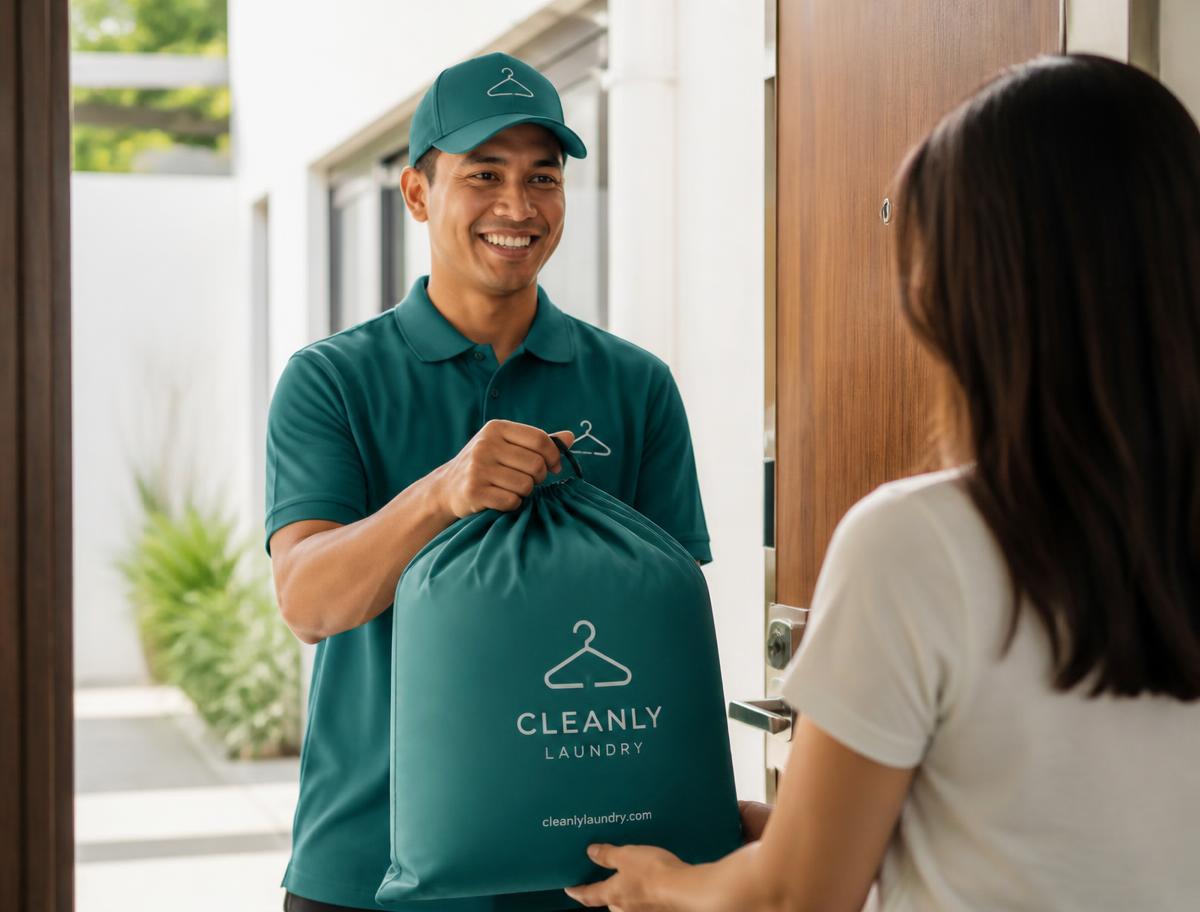 Laundry bag being delivered back to a customer's door